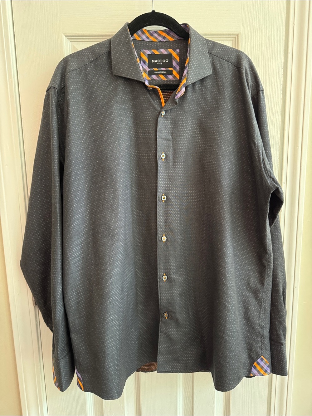 MACEOO Men’s Button Down Shirt Gray w/ Orange Dots Size XL